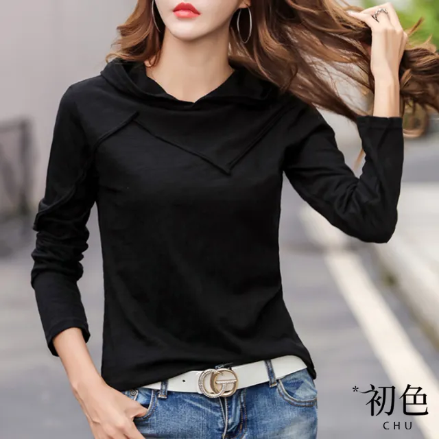 【初色】出清品 純色造型線條寬鬆長袖連帽T恤上衣女上衣-共4色-38257(M-3XL可選/快速出貨)