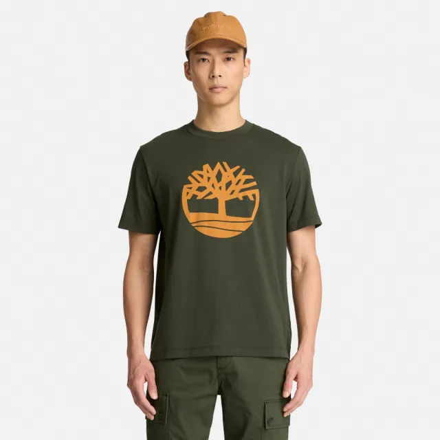 【Timberland】男款綠色大樹LOGO短袖T恤(A2AZDU31)
