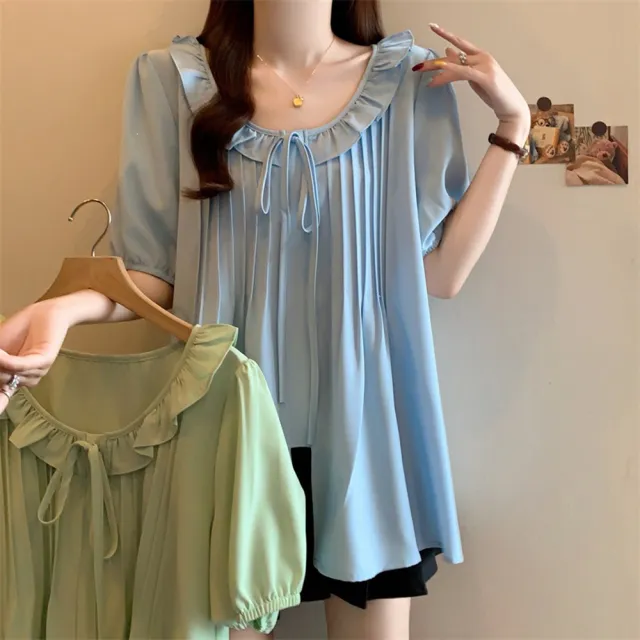 【ALLK 歐楷】新品上架 夏季時尚荷葉邊牙籤褶皺繫帶顯瘦遮肚娃娃衫上衣 2色 尺寸L-XXL/中大尺碼/涼爽/透氣
