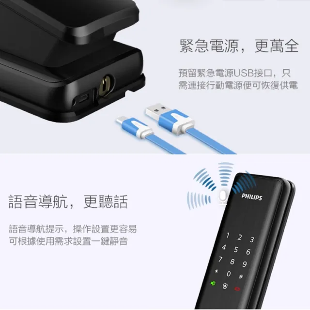 【Philips 飛利浦】ALPHA 五合一推拉式智能門鎖/電子鎖 曜石黑(指紋│卡片│密碼│鑰匙│WIFI/含安裝)