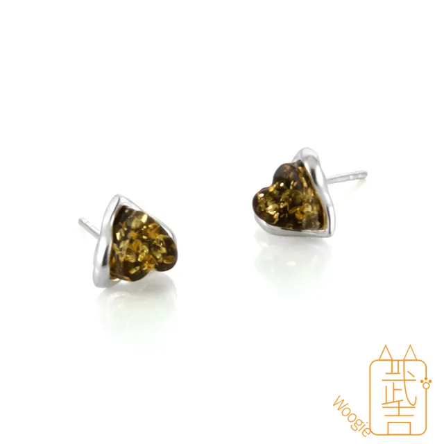【Woogie武吉珠寶】琥珀蜜蠟設計師手作綠珀純銀耳環(綠珀愛心9x7mm)