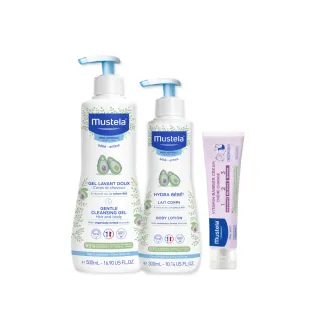【Mustela 慕之恬廊】慕之幼 新手爸媽必備SOP組(雙潔乳500ml＋爽身潤膚乳300ml＋屁屁膏100ml)