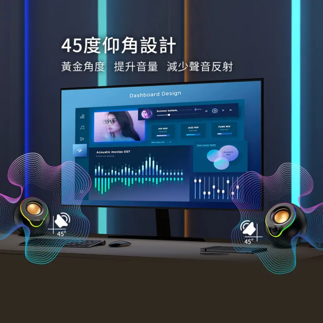 【Abee 快譯通】多媒體燈光桌上型電腦喇叭 (二件式小喇叭音箱/HiFi立體環繞音響/RGB燈效/USB供電)PC-005W