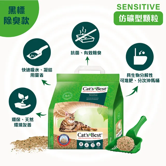 【CAT’S BEST 凱優】凝結木屑砂《黑標強效除臭》-2.9kg│8Lx6包(貓砂/木屑砂/環保砂/杉木砂/松木砂)