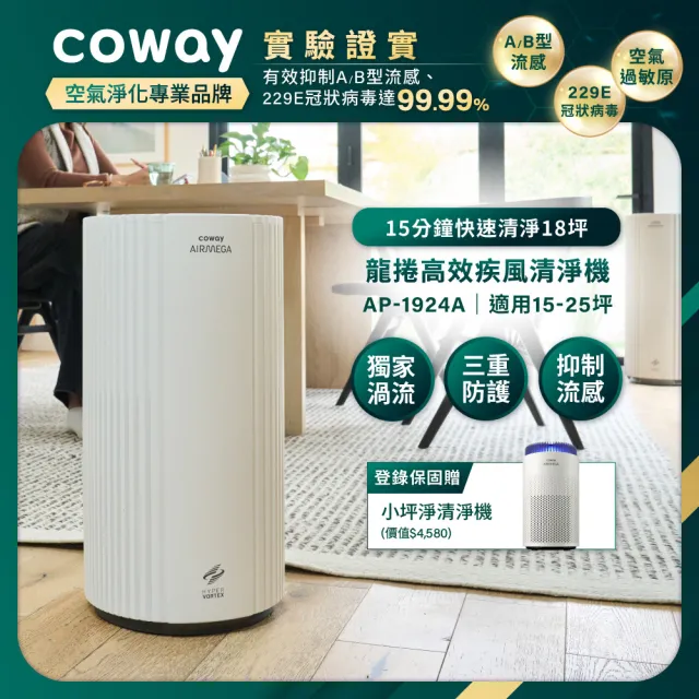 【Coway】15-25坪 龍捲高效疾風清淨機 AP-1924A＿登錄保固送小坪淨桌上清淨機(CASR10.51/循環渦流/抗過敏)