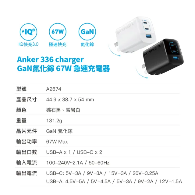 【ANKER】官方授權直營 A2674 67W GaN 3孔快充充電器