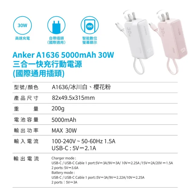 【ANKER】官方授權直營 A1636 行動電源 5000mAh 30W 三合一自帶線自帶插頭(白/粉/Wh標示/螢幕顯示)