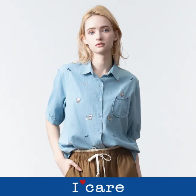 【I’Care 依卡】現貨-貓咪刺繡休閒牛仔襯衫(F)|女休閒襯衫 休閒上衣 薄外套(607-15201)