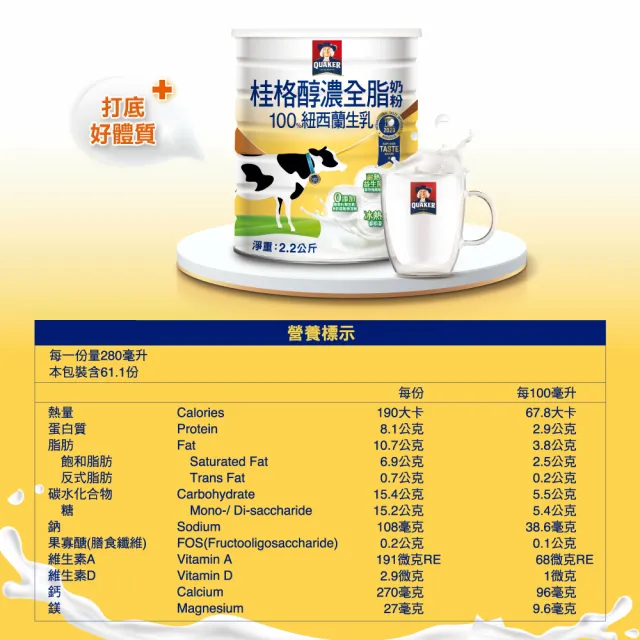 【QUAKER 桂格】嚴選醇濃全脂奶粉2200gX1罐(買就送蛋白穀脆莓果派對2入/盒)