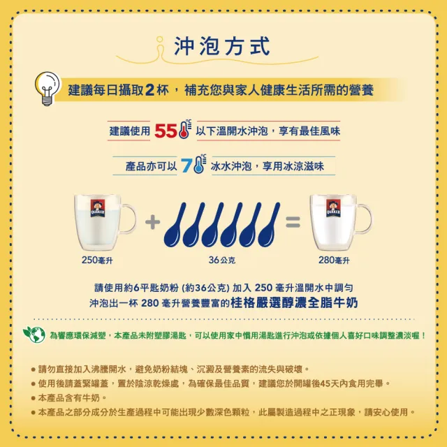 【QUAKER 桂格】嚴選醇濃全脂奶粉2200gX1罐(買就送蛋白穀脆莓果派對2入/盒)
