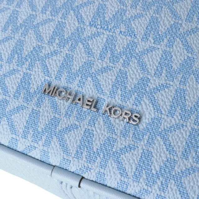 【Michael Kors】銀字MK防刮老花斜背相機包(淺藍)mini