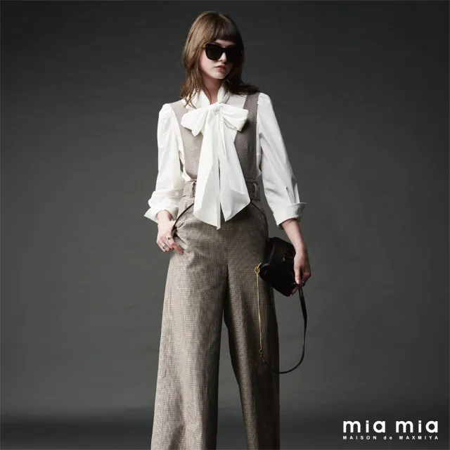 【mia mia】咖細格背帶寬口褲