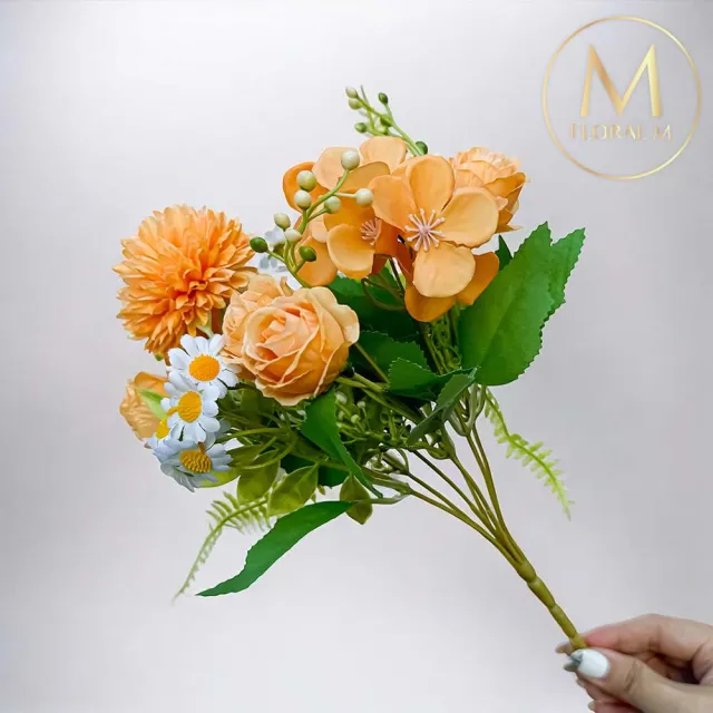 【Floral M】法式小花園玫瑰洋甘菊橘色花束仿真花花材1入組(人造花/仿真花/假花/花藝DIY/裝飾花材)