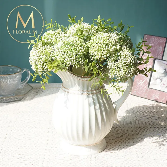 【Floral M】居家裝飾清新白綠小米果仿真花花材3入組(人造花/仿真花/假花/花藝DIY/裝飾花材)