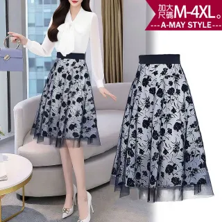 【Amay Style 艾美時尚】夏新品 中大尺碼女裝 紗裙 時尚碎花網紗層次顯瘦A字裙半身裙。M-4XL(黑.預購)