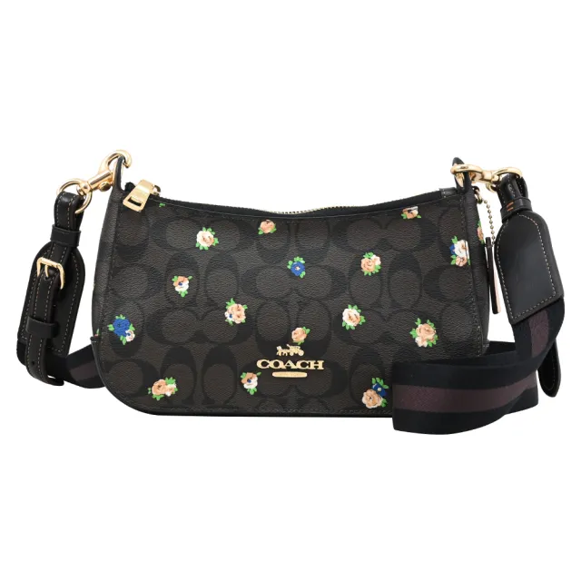 【COACH】滿版C LOGO花繪拼接寬背帶手拿包斜背包(深咖)