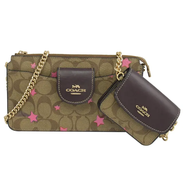 【COACH】經典滿版C LOGO附零錢包手拿晚宴包肩斜三用鍊包(駝)