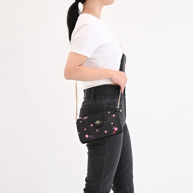 【COACH】經典星星C LOGO附零錢包手拿晚宴包肩斜三用鍊包(黑)
