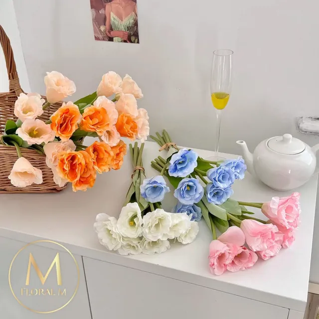 【Floral M】夏日野餐氣息洋桔梗貝殼藍仿真花花材7入組(人造花/仿真花/假花/花藝DIY/裝飾花材)
