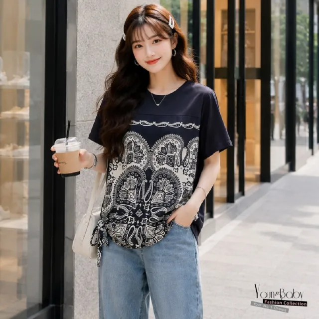 【YOUNGBABY】復古佩斯利印花拼接上衣 中大尺碼女裝