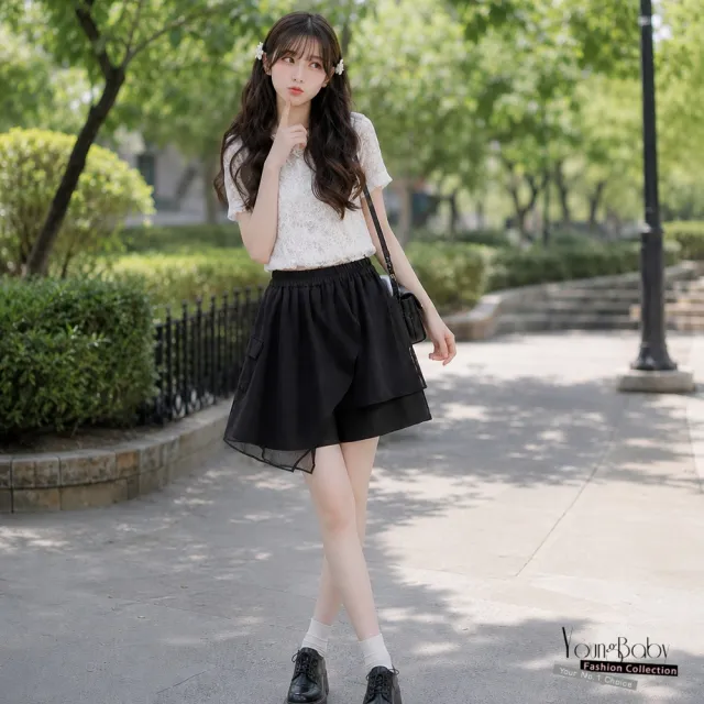 【YOUNGBABY】高腰顯瘦不規則拼接網紗褲裙 中大尺碼女裝