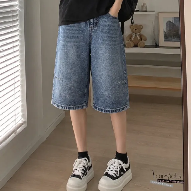 【YOUNGBABY】韓系高腰瘦腿開釦丹寧五分褲 中大尺碼女裝
