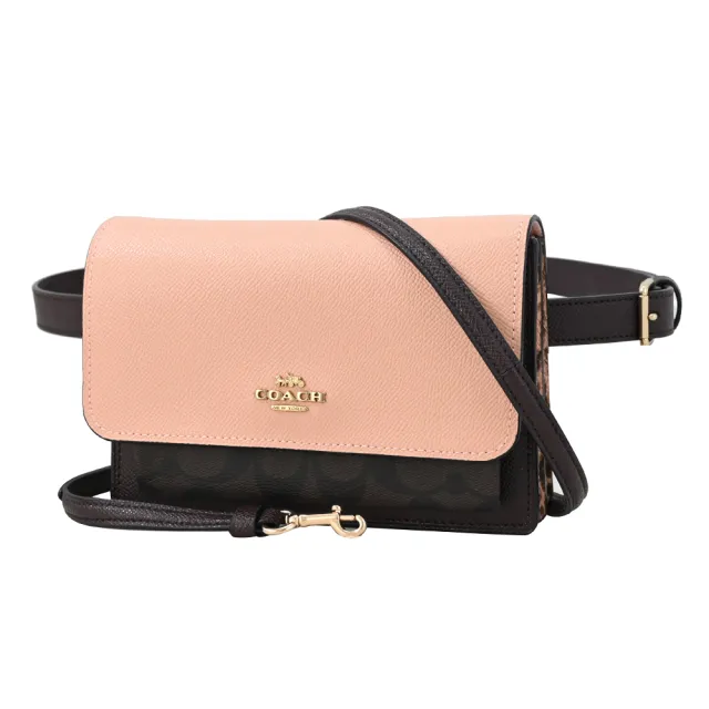 【COACH】馬車LOGO蛇紋飾邊雙背帶三用腰包斜背包(深咖/粉)