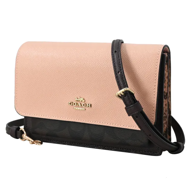 【COACH】馬車LOGO蛇紋飾邊雙背帶三用腰包斜背包(深咖/粉)
