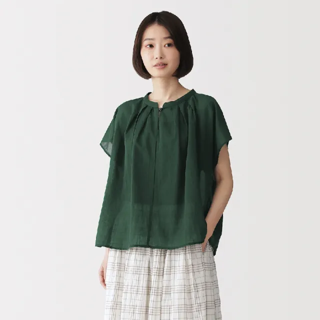 【MUJI 無印良品】女強撚透明感法式袖套衫(黑色/深綠/黑格紋/象牙白格紋)