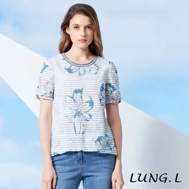 【LUNG.L 林佳樺】LW32A 藍色細條紋花卉印花蕾絲布底短袖女裝上衣