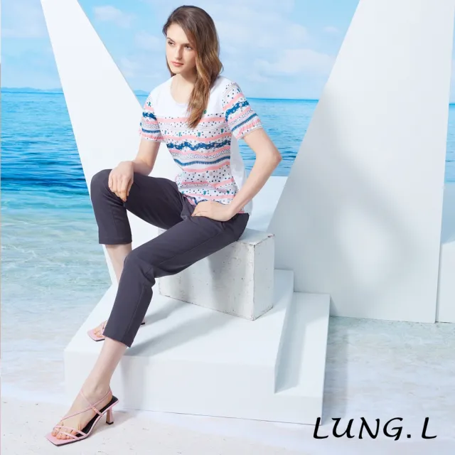 【LUNG.L 林佳樺】LU96A 粉色拼色波浪條紋短袖女裝上衣