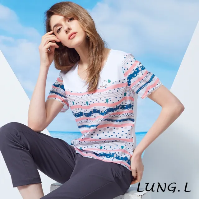 【LUNG.L 林佳樺】LU96A 粉色拼色波浪條紋短袖女裝上衣