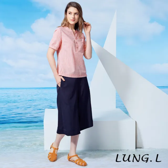 【LUNG.L 林佳樺】LW21A 粉色修身條紋小V領泡泡布短袖女裝上衣