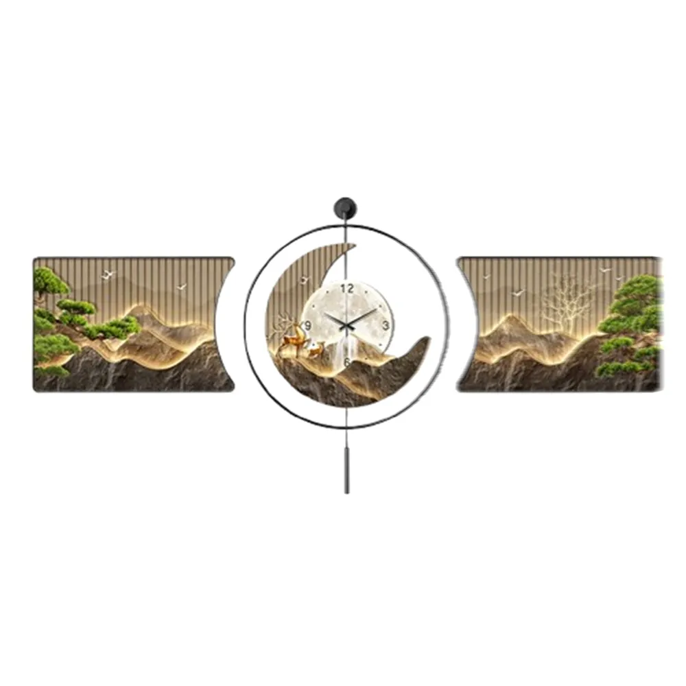 p如詩如畫 山水裝飾畫掛鐘 80*80 鏡面效果(客廳時鐘 鐘錶畫 沙發背景牆壁畫 玄關掛鐘 預售12天)