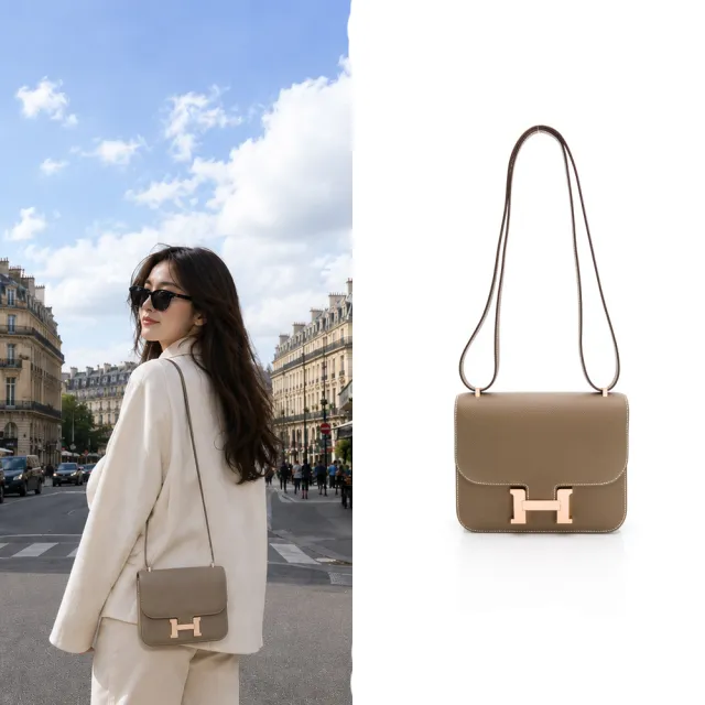 【Hermes 愛馬仕】Mini Constance 牛皮翻蓋斜背包/康康包(大象灰/玫瑰金)