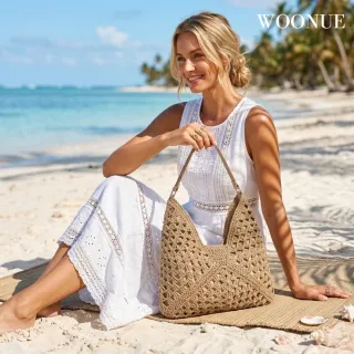 【WOONUE】雙11 HOT!多色歐美專櫃時尚編織包海灘包夏季草編包麻繩手提包側背包閨蜜女友老婆生日 
