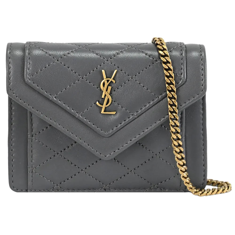 【YSL】Gaby Mini 金屬LOGO菱格縫線超迷你斜背卡片零錢包小廢包(灰)