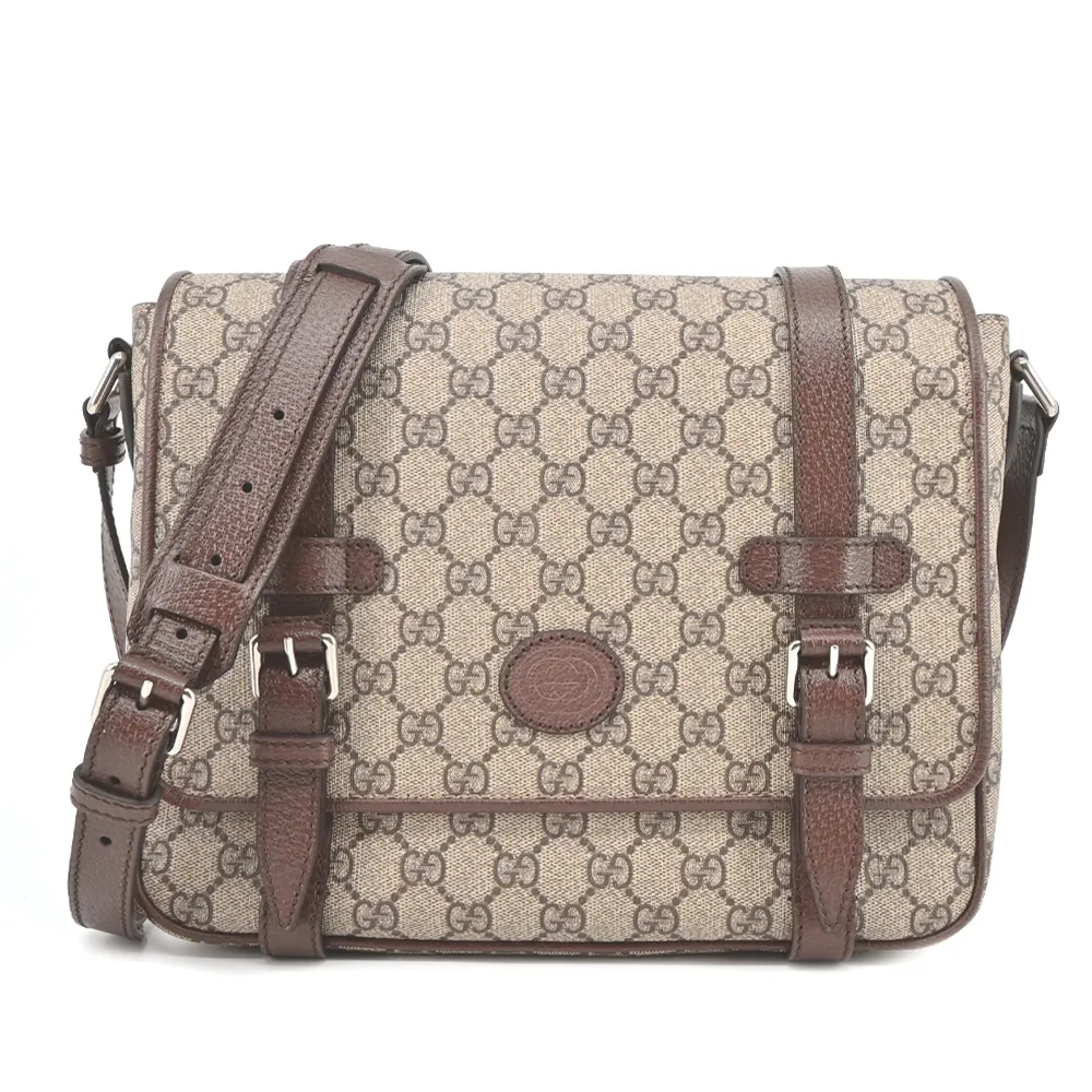 【GUCCI 古馳】經典GG Supreme印花帆布中性款郵差包 肩背/斜背包(卡其)