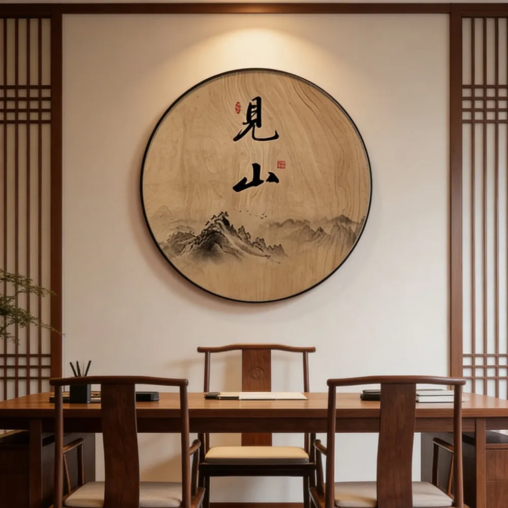 【匠俱】宋代美學掛畫70x70cm 整裝帶框 玄關山水畫 噴繪裝飾畫 書房茶室客廳藝術畫 圓形字畫 壁畫