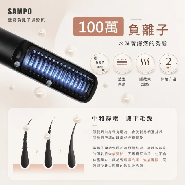 【SAMPO 聲寶】無線負離子直捲兩用造型器/直髮梳/電熱梳/離子梳(HC-Z2001L)