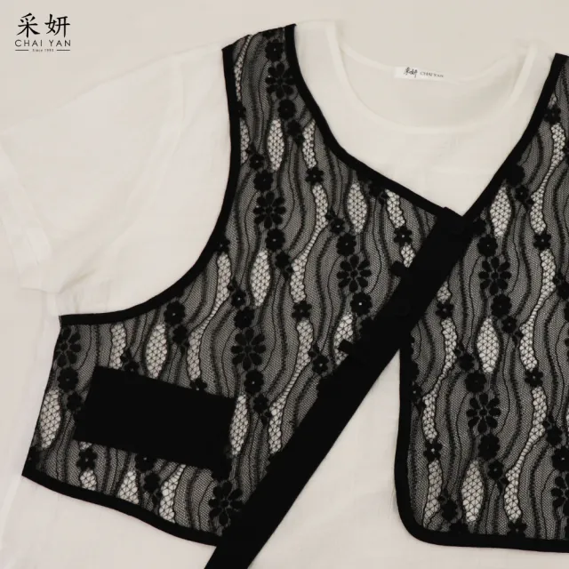 【CHAI YAN 采妍】蕾絲假兩件棉麻短袖上衣(春夏女裝/中大尺碼/專櫃/寬鬆/透氣)