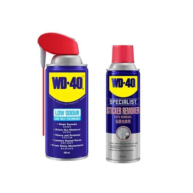 【WD-40】低味萬用去膠組-多功能除銹潤滑劑附專利型活動噴嘴微氣味300ml+黏膠去除劑200ml