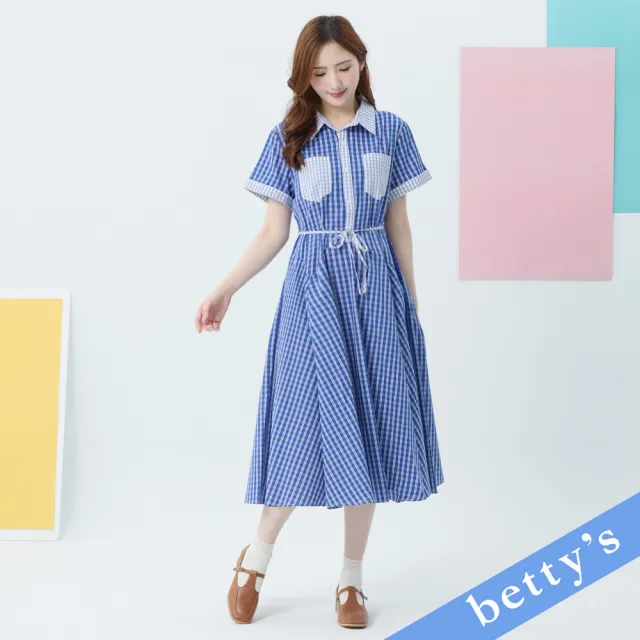 【betty’s 貝蒂思】格紋撞色口袋開襟長洋裝(藍色)