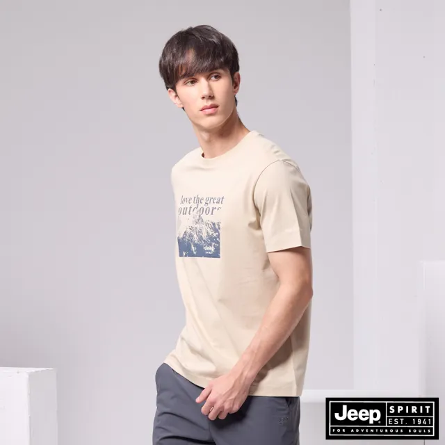 【JEEP】男裝 美式復古雪山印花短袖T恤(卡其色)