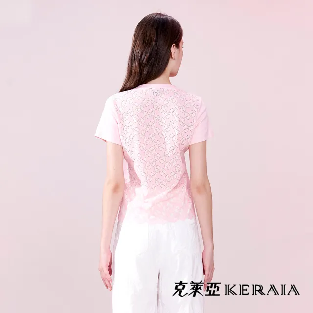 【KERAIA 克萊亞】櫻粉飛雪蕾絲拼接T恤上衣