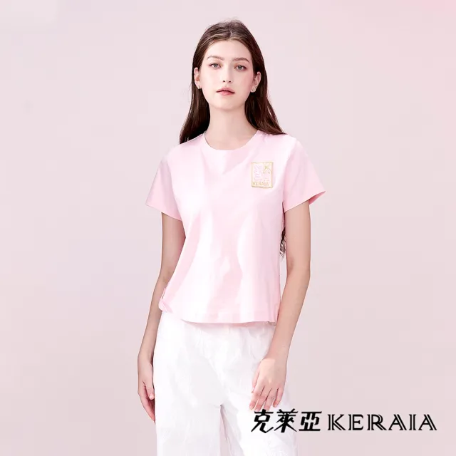 【KERAIA 克萊亞】櫻粉飛雪蕾絲拼接T恤上衣