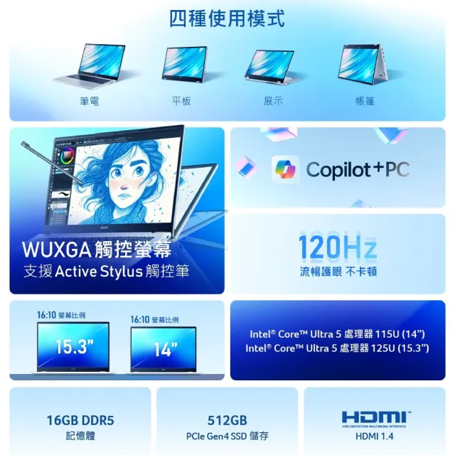 【Acer 宏碁】福利品S+級 15吋Ultra 5 AI觸控翻轉筆電(ASP15-51N-507G/Ultra 5-125U/16G/512G/W11)