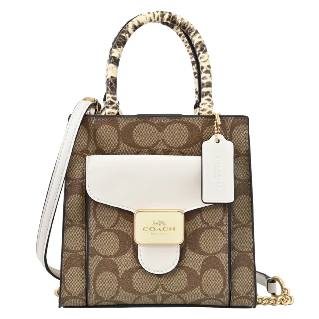 【COACH】MINI PEPPER 金屬方塊馬車LOGO蛇紋飾邊迷你手提兩用包(駝白)