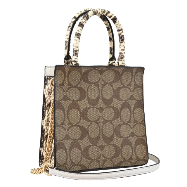 【COACH】MINI PEPPER 金屬方塊馬車LOGO蛇紋飾邊迷你手提兩用包(駝白)