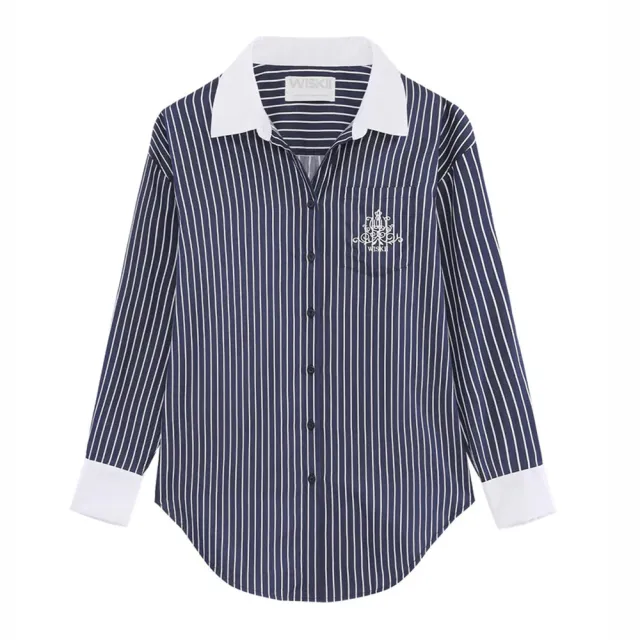 【WISKII】條紋開襟鈕扣長版襯衫 STRIPE BUTTON-DOWN LONGLINE SHIRT
